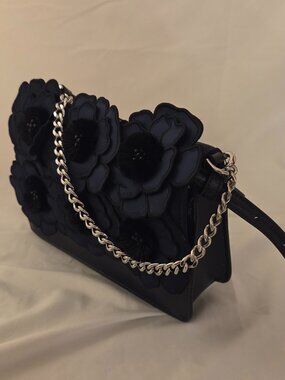 Kate Spade Navy Floral Applique Mini Crossbody -- Silver Chain Strap
